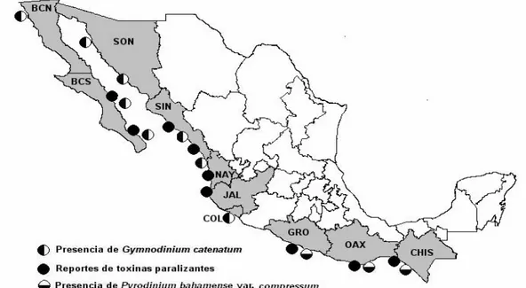 Figura 3.- Distribución de dos especies productoras de toxinas paralizantes y de la presencia de reportes de estas toxinas en moluscos bivalvos (62-71, 90-96, 101).