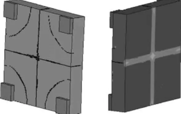 Figure 4. Cracking pattern on slab back side and  crushed elements on front face as predicted by Winfrith 
