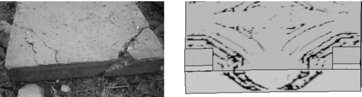 Figure 16. (a) Experimental result.  (b) Cracking pattern predicted by BDM. 