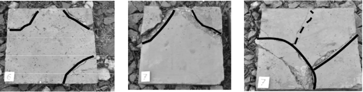 Figure 4. Open air detonations results. Shear cracking is highlighted in black continuous line, while  bending cracking is highlighted in black dashed line