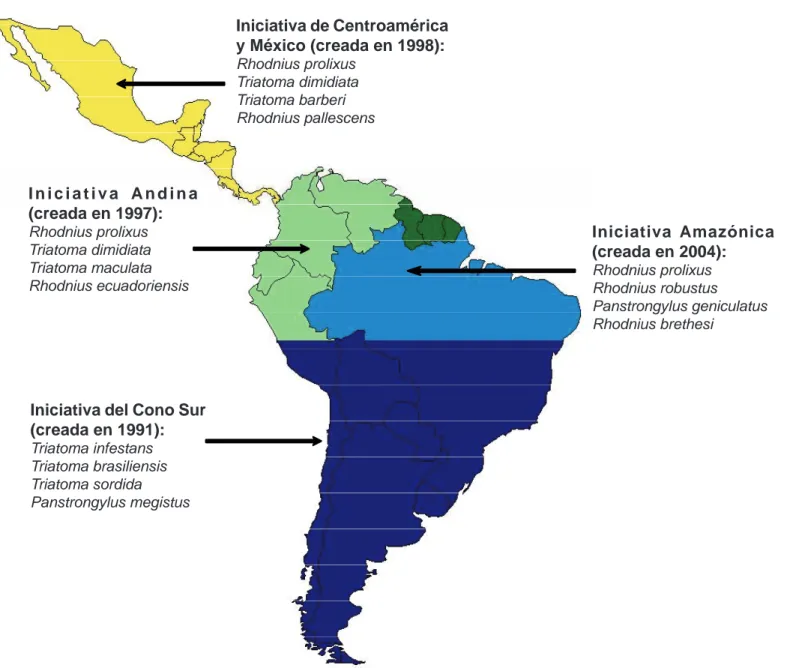 Figura 1. Iniciativas continentales para el control de los principales vectores de la enfermedad de Chagas asociados con el  hábitat humano 