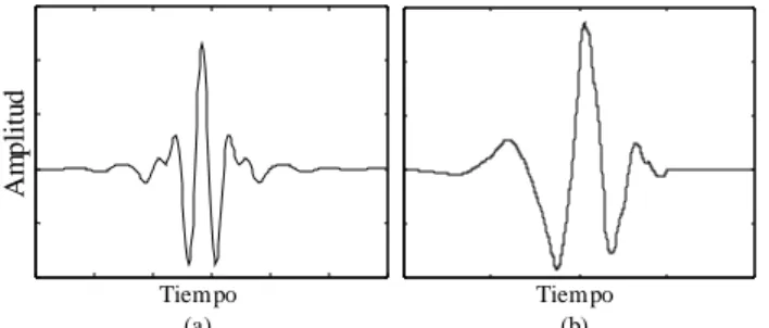 Figura 6.- (a) Función wavelet Meyer y (b) función wave- wave-let Daubechies de 4º orden.