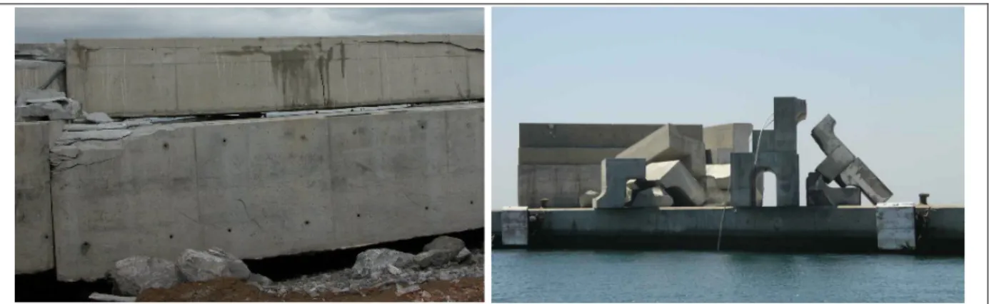 Figure 6: Problems in bulky mass concrete elements: cracking in Ferrol Prioriño  Cape Harbour 2001 (left) and collapse in Motril Harbour 2004 (right) 