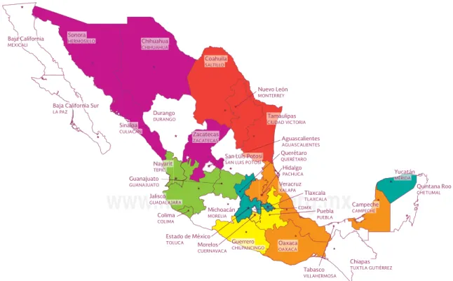 Figura 1. Mapa de distribución regional de entidades federativas con personal de salud capacitado para 2014