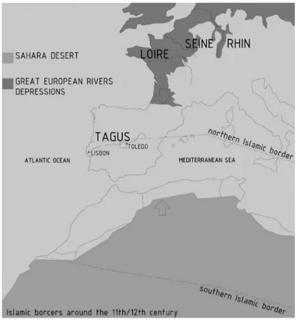 Figure 1:   Map of Islamic borders between the 11th and the 12th centuries and natural con- con-trasts between western Europe and northern Africa