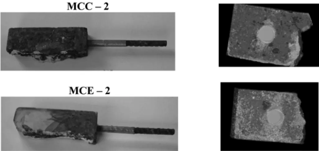 Figure 5. Detail of 3D reconstruction for MCC 2 ad MCE 2. Yellow corrosion of the samples; gray: cement paste; black: porous 