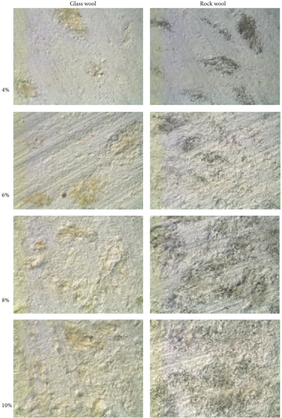 Figure 4: Plaster matrix with different glass and rock wool concentrations.