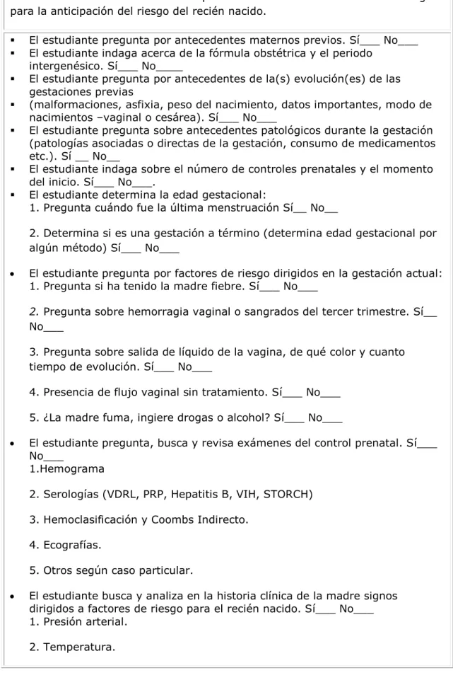 Cuadro 1. Lista de chequeo para la evaluación en el escenario simulado 
