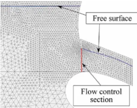 Figure 3 Detail of the mesh, showing the position of the free surface  and the cut under the gate lip 