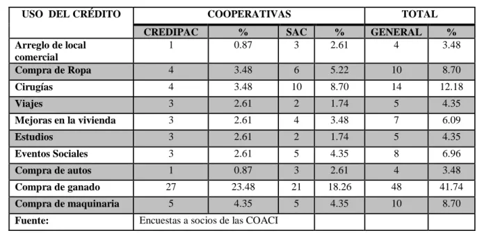 Tabla N° 16 Uso Del Crédito por cooperativa  