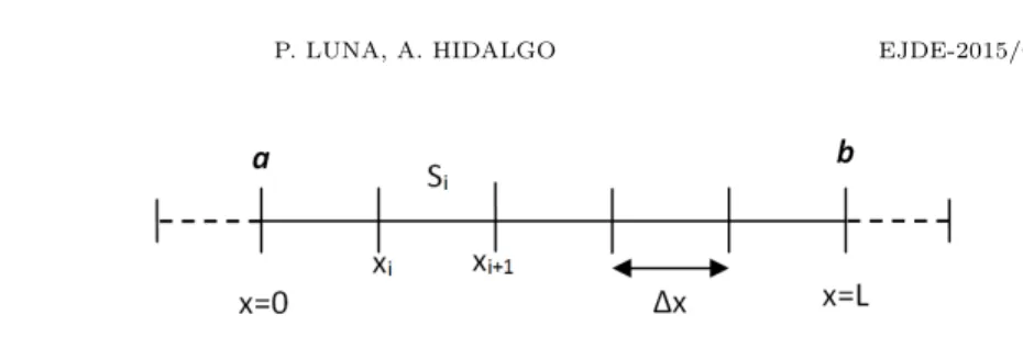 Figure 2. FV mesh. The dashed lines on the left and right bor- bor-ders are ghost cells, used to impose boundary conditions.