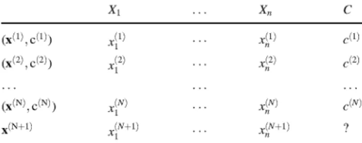 Table 4 Raw data in a supervised classification problem: N denotes  the number of labeled observations, each of them characterized by n  predictor variables, X 1 ; 