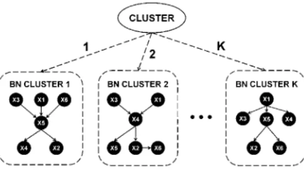 Fig. 6. Finite mixture of Bayesian networks represented as a Bayesian multinet with the cluster variable as the distinguished variable
