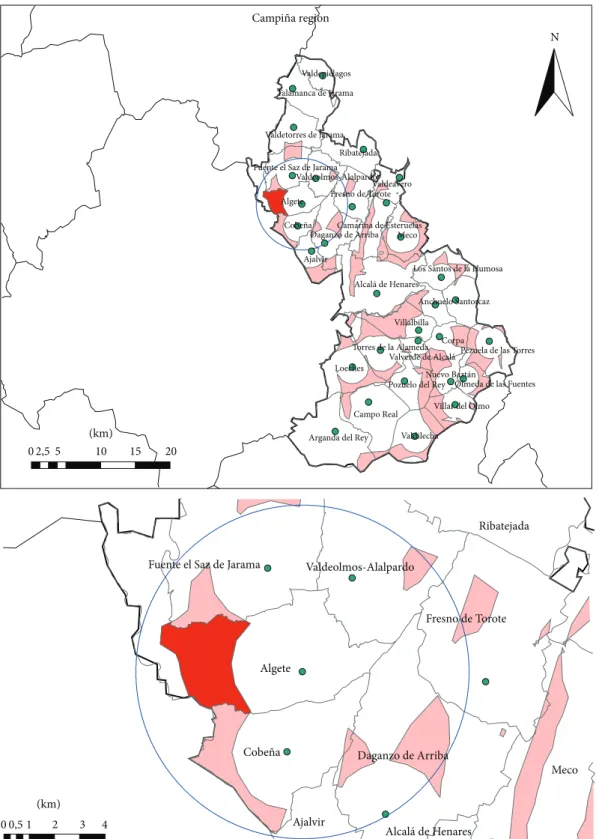 Figure 4: Minimum range of action for the obtainment of necessary biomass using 50% of the rainfed fallow surface and the optimal area for the location of a bioelectricity plant of 2.2 MW in the Campi˜na region.