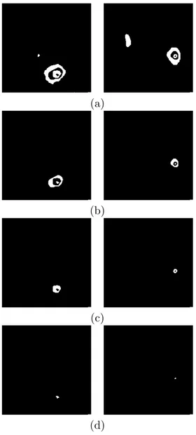 Figura 5.11: Im´ agenes tratadas en cada iteraci´ on recursiva: (a) Im´ agenes tratadas en primera iteraci´ on recursiva (correspondiente a agujeros de mayor di´ ametro en granos en parte inferior de las im´ agenes en las  figu-ras 5.4(a) y 5.4(b)), (b) im´ agenes tratadas en segunda iteraci´ on  recur-siva (granos al interior de agujero), (c) im´ agenes tratadas en tercera iteraci´ on recursiva, (d) im´ agenes tratadas en cuarta iteraci´ on recursiva.