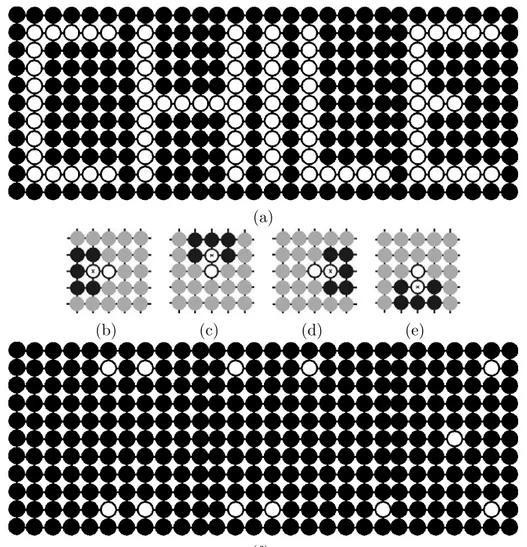 Figura 3.13: Aplicaci´ on de transformada Hit-or-Miss: (a) imagen de en- en-trada (CHILE), (b) elemento estructurante compuesto, s´ olo los p´ ıxeles blancos y negros corresponden a ´ este conjunto, (c), d) y (e) rotaciones del elemento estructurante en 90 ◦ , 180 ◦ y 270 ◦ , respectivamente, (f )  ima-gen resultante.