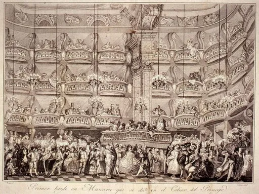 Fig. 2. Baile en máscara en el Coliseo del Príncipe. Pintor: Luis Paret y Alcázar. Grabador:  Juan Antonio Salvador Carmona