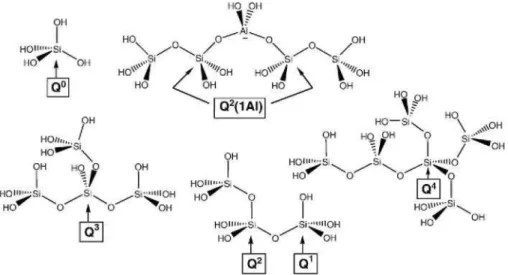 Fig. 1. Diagrams of the different types of silicate chains present in the C-S-H gel and their nomenclature with résped to NMR analysis