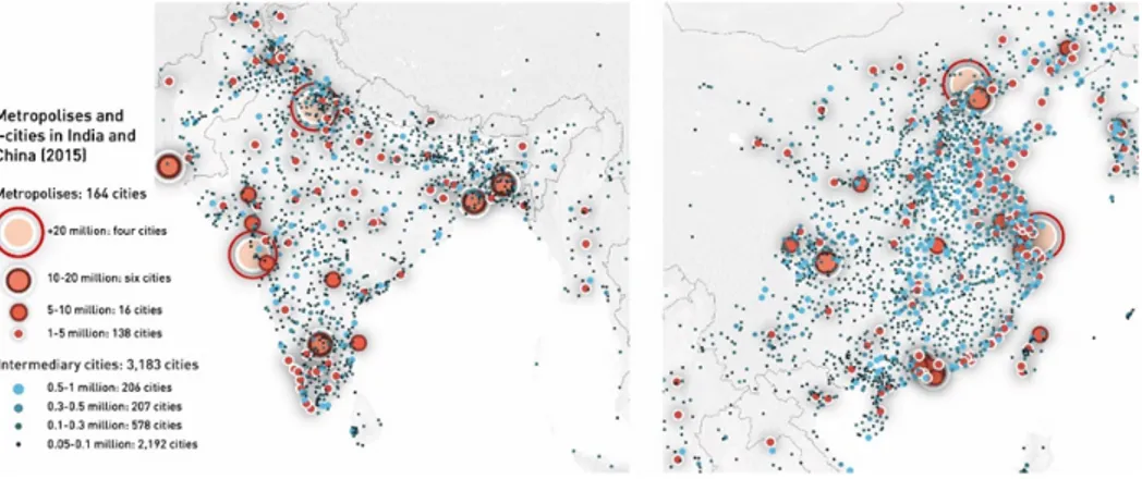 Fig. 2: Sistema urbano en India y China. Fuente: CGLU-UNESCO-CIMES (CGLU, 2017).  El valor del capítulo de ciudades intermedias de GOLD IV fue sin duda su  capacidad por vehicular a través de una cartografía intencionada el análisis de  los  vectores  econ