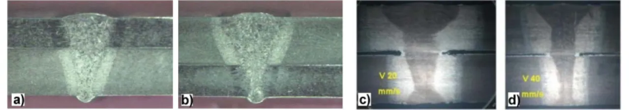 Fig. 2: RLW joints welded with 3.5 kW CO 2  laser at CLUPM: a) 1.6 mm ST05 Z ST05 + 2.5 mm ZStE 260 Z; b) 