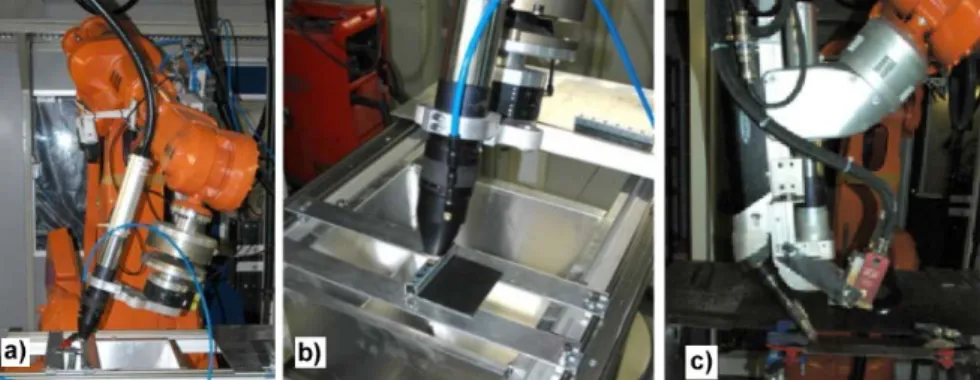 Fig. 4: ABB robot operating at CLUPM a Nd:YAG laser beam head for: a),b) Laser Welding; c) Laser Hybrid Welding; 
