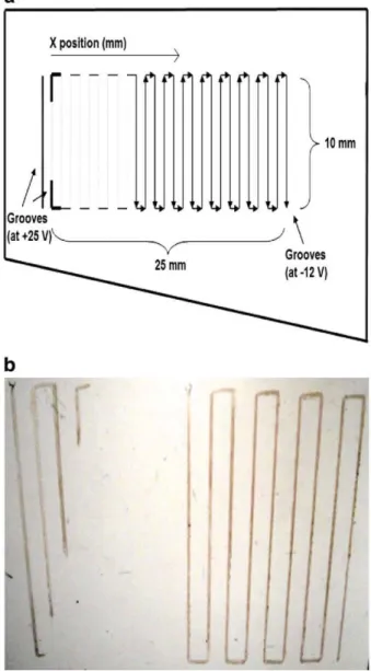 Fig. 6. Patterning of an Al(120 nm)/Polymer(70 nm) bilayer deposited on top of a step  of ITO (130 nm thick) on glass, (a) sketches the layer structure before and after Al  erosion, (b) shows a cross section recorded by contact profllometry