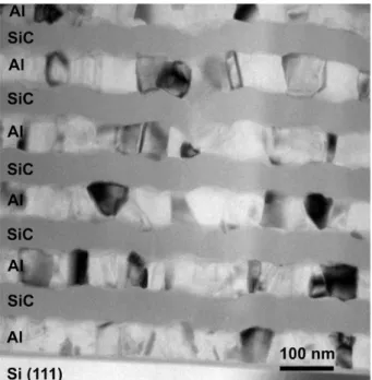 Fig. 1  shows a high-magnification cross-sectional bright- bright-field (BF )  T E M image of the as-processed Al/SiC  nanola-minate near the Si (111) substrate