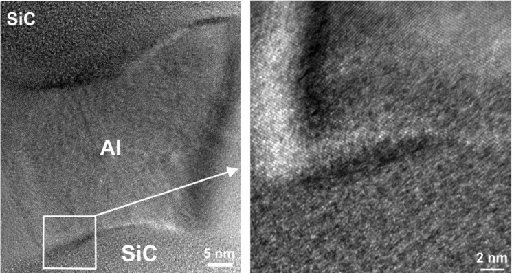 Fig. 8. High magnification  T E M image of the Al/SiC interface after micropillar compression at 100 °C down to !  products