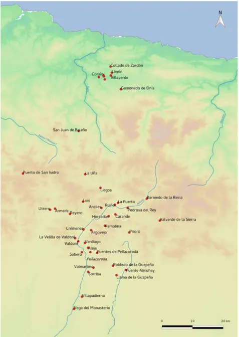 Figura 8. Localización de hallazgos de inscripciones vadinienses.  (Cartografía: Fernando Muñoz Villarejo)