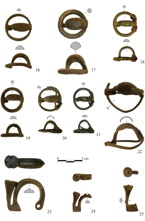 Fig. 6. Fíbulas anulares hispánicas (16-22) y de pie alzado (23-25) procedentes de Las Cogotas