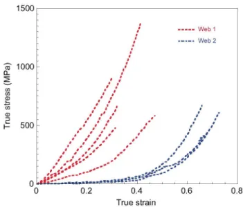 Fig. 3. Force-displacement curves of intact viscid line fibres retrieved from  two different webs
