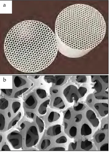 Fig.  1.3.  Materiales  celulares  fabricados  para  aplicaciones  específicas.  (a)  Panel  de  abeja  de 