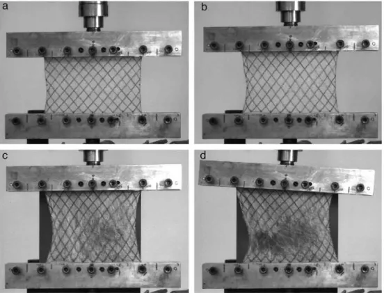 Fig. 1. Deformation pattern of the rectangular specimen subjected to tensile deformation, (a) Far-field strain of 15% (77% of the maximum load), (b) Far-field strain of 25% 