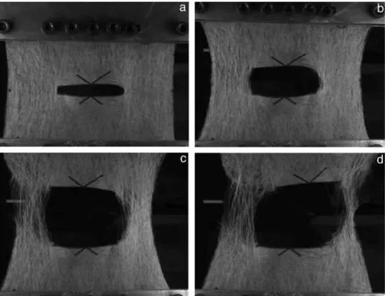 Fig. 2. Deformation pattern of the rectangular specimen with a central notch of 40% of the width subjected to tensile deformation, (a) Far-field strain of 10% (70% of the 