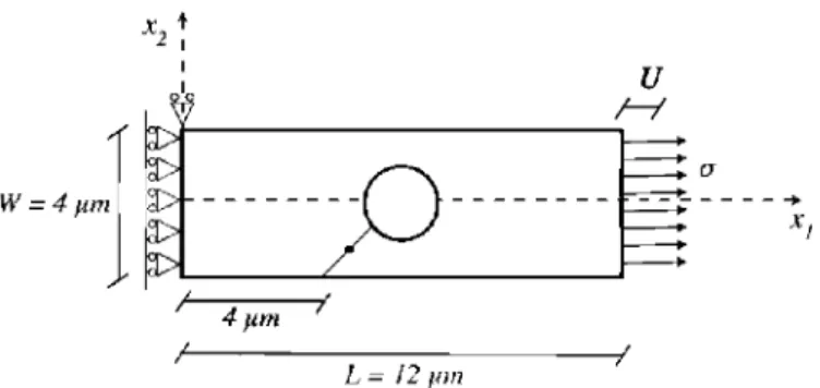 Figure 7. Schematic of the geometry and boundary conditions of a rectangular single crystal with  a hole subjected to uniaxial tension