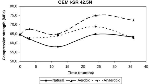 Figure 3. Variation of compressive strength for the CEM I in the three environments. 