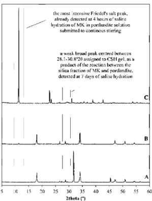 Fig. 7. Saline hydration of the MK samples submitted to Ca(OH)2 ,  portlandite, and 3.75% NaCl continuously stirred suspension during  (a) 0 h, (b) 4 h, and (c) 7 days