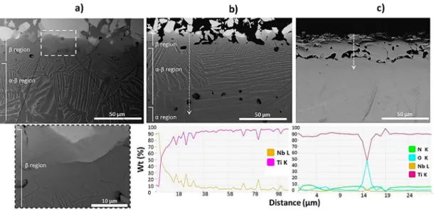 Figure 1 shows the microstructure of the three modi- modi-fied Ti –Nb surfaces. A gradient of microstructure and composition was observed in Figure 1 (a and b) with diffusion areas of 100–120 μm depth depending on the initial state of the Ti substrate