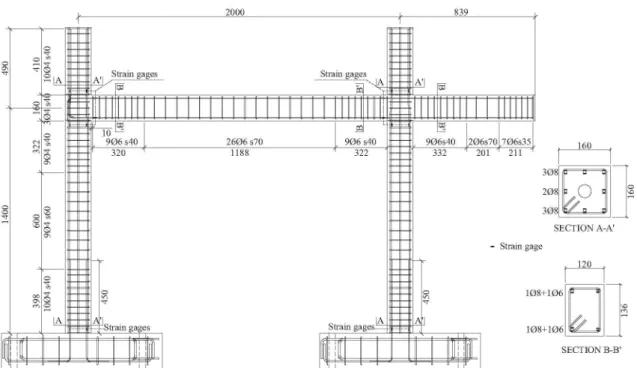 Fig. 2. Test specimen: elevation of a typical frame (dimensions in mm) 
