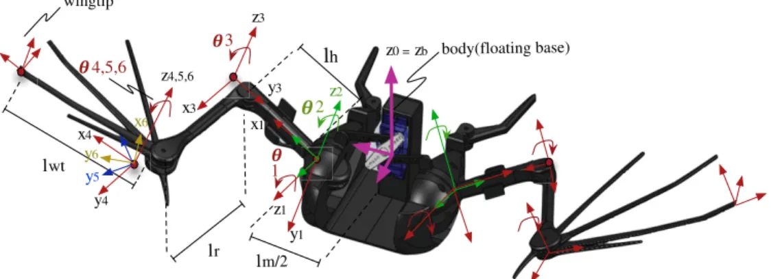 Figure 3. CAD design of the bat robot detailing the kinematics frames of references. Table 1