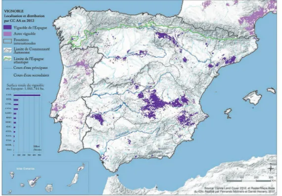 Fig. 3 : Localisation et répartition des vignobles espagnols selon Corine Land Cover, 2012