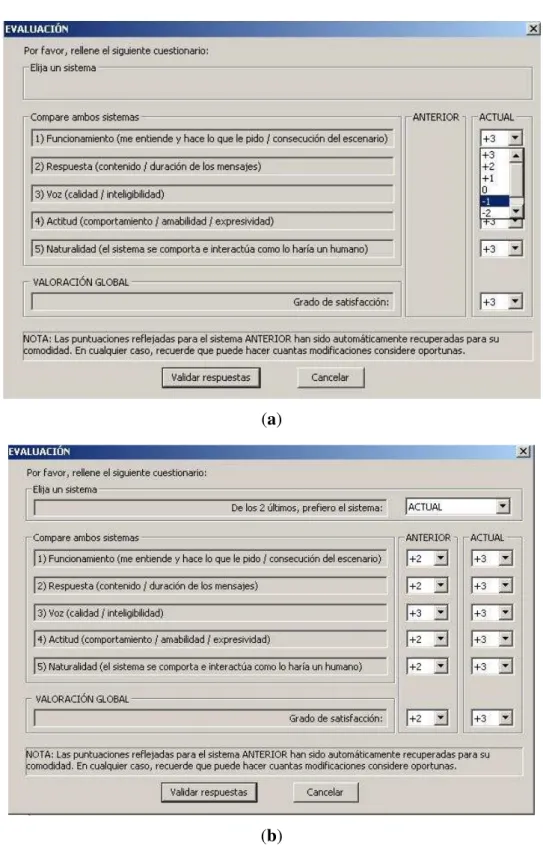 Figure 4. The virtual questionnaires. (a) Ratings for the current agent; (b) ratings for the next agent, along with the reference of the previous one, in which users were allowed to edit.