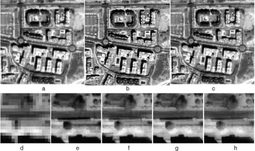 Figure 6. QUICKBIRD Scene: Original MULTI image a). PAN image b). Image fused with the method based in the MDMR 