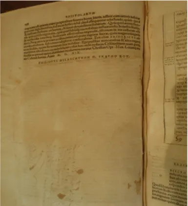 Fig. 5. Parche pegado con inscripciones manuscritas visibles. Erasmus, Tertius tomus epistolas complectens universas… 