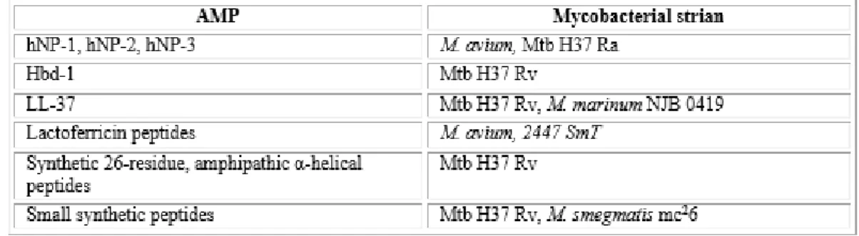 Tabla 2 - Various AMPs with action against different mycobacterial strains 29 
