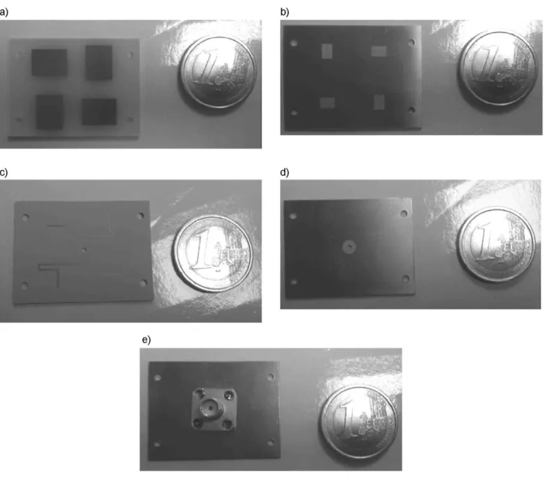Figure 11. The individual layers of the second subarray prototype: (a) top layer: patches; (b) mid-layer: slots; (c) bottom  layer (top): feed and phasing network; (d) bottom layer (bottom): SMA interface; (e) bottom layer (bottom): SMA connector
