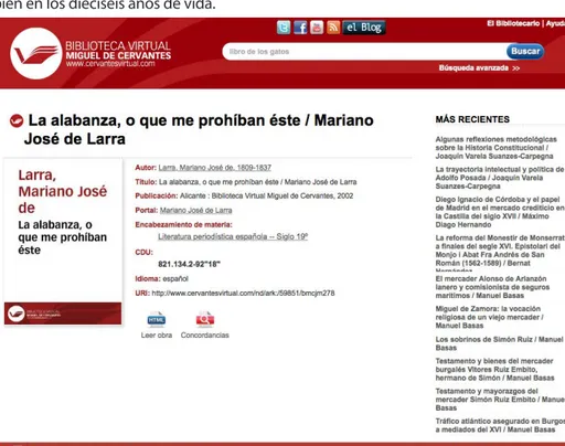 Figura 1. Ficha de un artículo de Mariano José de Larra en la BVMC –   http://bit.ly/1JIab5N–