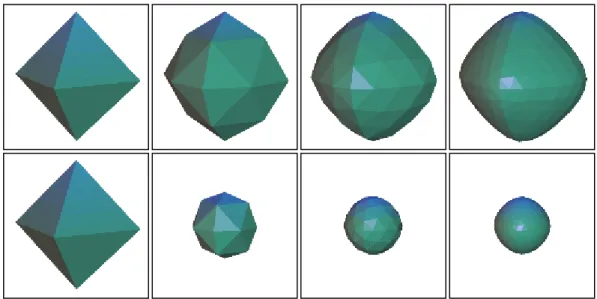 Figure 19: The effect of an interpolating scheme (top: butterfly) vs.  an approximating one (bottom: Loop’s) on an octahedron 