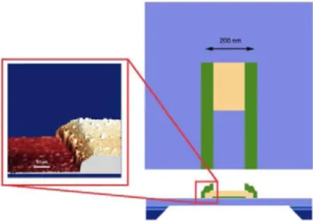 Fig. 1. Schematic layout (not to scale) of a lithographed bilayer showing top  view of the device and a cross section through the central point