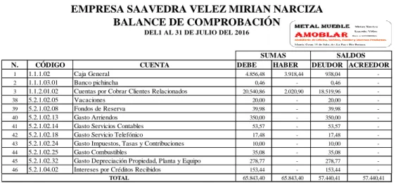 Tabla N.4: Diseño del Balance de Comprobación 